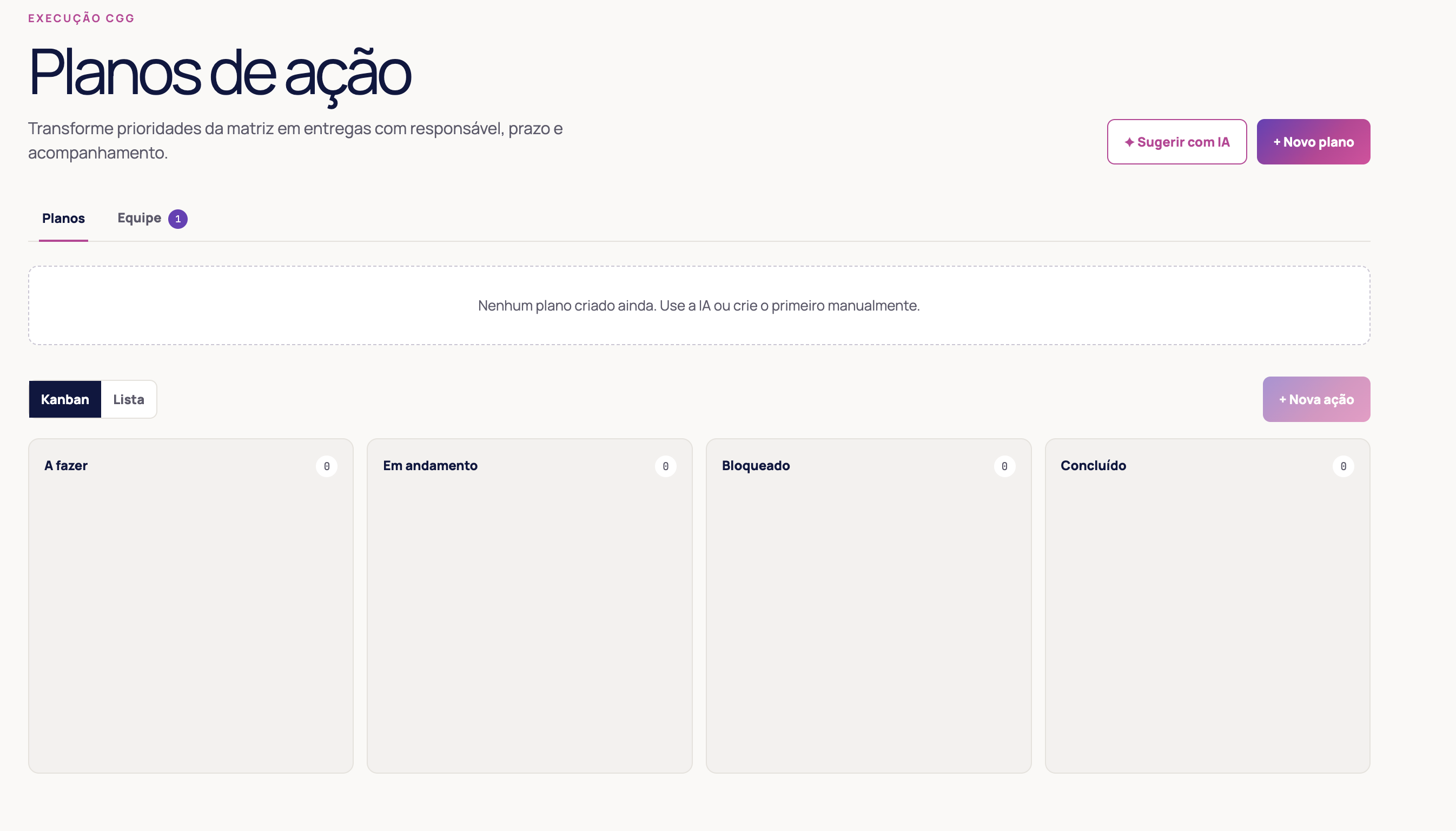 Tela da plataforma CGG exibindo a gestão de planos de ação em Kanban